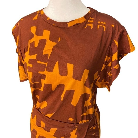 Isabel Marant Flessy Print Wrap Dress Crew Neck Cap Sleeve Orange Dark Brown XL - Picture 9 of 16